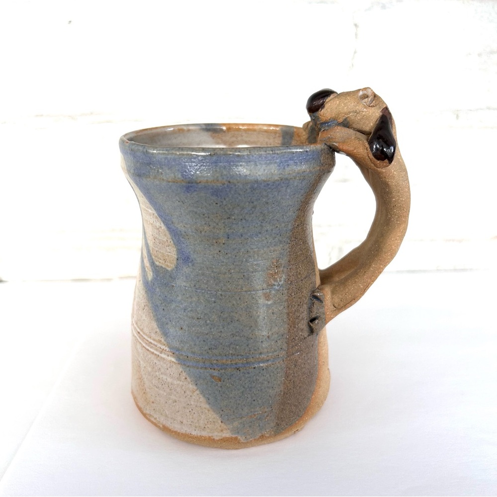Puppy Dog Handle Mug Studio Pottery Signed 4” Tall Partly Glazed
